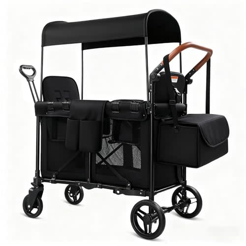 Wagon Stroller for 2 Kids, Foldable All-Terrain Wagon for Kids with Canopy, Adjustable Push and Pull Handles,Convertible High Seat & Organizer, 5 Point Harness (Black)