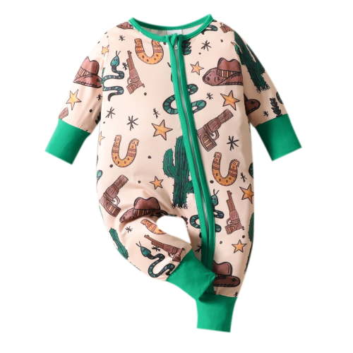 Byoo Newborn Boys Western Print Zipper Romper Long Sleeve One Piece Sleeper Jumpsuit for Infants，Green