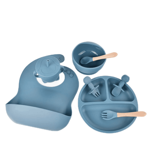 OHHSUN 8 Pack Silicone Baby Feeding Set, Baby Led Weaning Supplies Set, Complete BPA Free Silicone Baby Feeding Set, Eating Supplies with Infant Suction Bowl Plates Bowl Cup Spoon & Fork- Blue