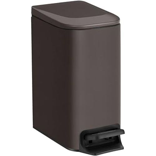TIPGO Slim Bathroom Trash Can with Lid Soft Close, Step Pedal, 6 Liter / 1.6 Gallon Stainless Steel Trash Bin, Small Garbage Cans for Bedroom, Office, Kitchen (Brown)