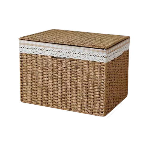 Rattan Storage Basket With Lid Stackable Woven Storage Box Removable Fabric Liner Decorative Organizer Bin for Shelves Closets Bathroom Home Organization