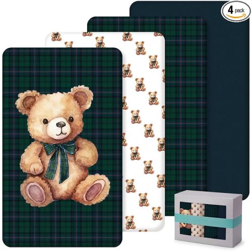 4 Pack Bear Crib Fitted Sheet for Boys Girls - 52" x 28" Fitted Baby Sheet with Green Gingham Plaid Style for Standard Mattress Gift Set, Microfiber & Soft Breathable (Green)