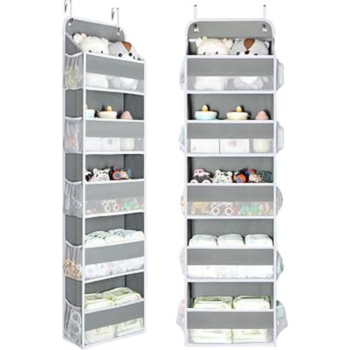 Yecaye 2 Pc Over The Door Organizer with 5 Bins 10 Side Pockets, 44lbs Load Hanging Bathroom and Bedroom Organizer, Behind The Door Hanging Organizers for Nursery Newborn Baby Essential Stuff Grey