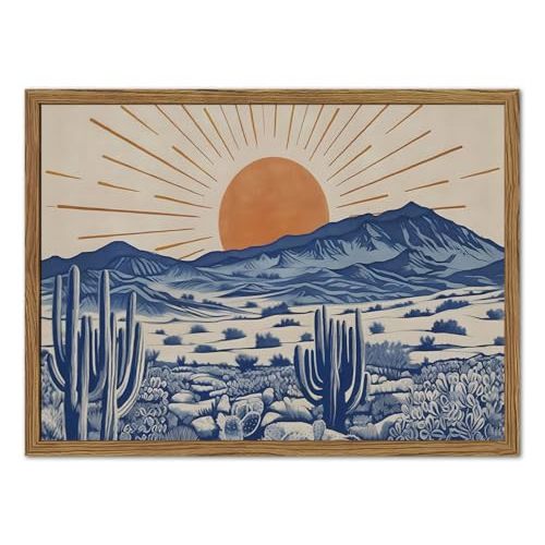 Vintage Western Desert Wall Art Boho Mexican Cactus and Sun Wall Decor Painting, Abstract Blue Southwestern Landscape Poster Canvas Prints Artwork for Living Room Bedroom 12x16 inch Wood Framed