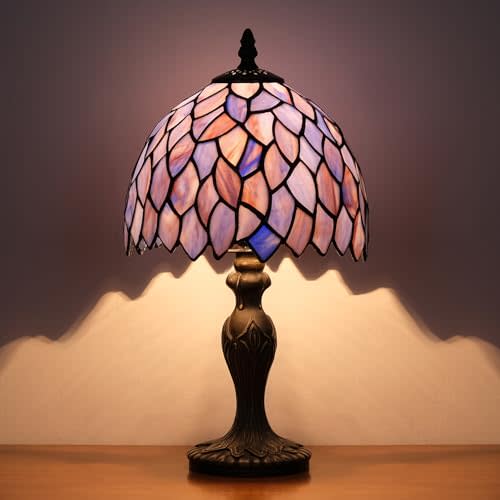 Small Tiffany Stained Glass Table Lamp Wisteria Style Hand-Made Lampshade Nightstand Light for Bedroom Dorm Living Hallway Coffee Table Office Housewarming Gift 8X8X15 (Blue Purple Wisteria)