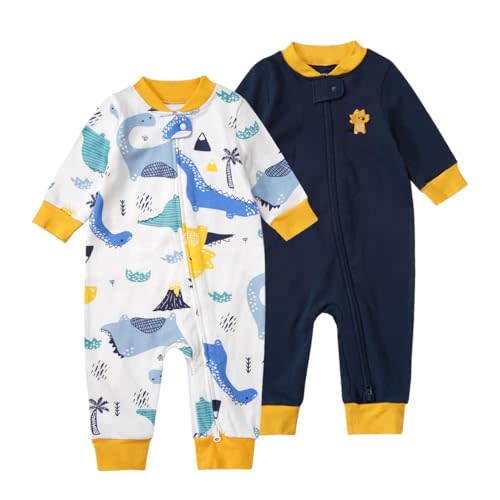 Teach Leanbh Baby 2-Pack 100% Cotton Romper Jumpsuits Two Way Zipper Long Sleeve Footless Sleep and Play