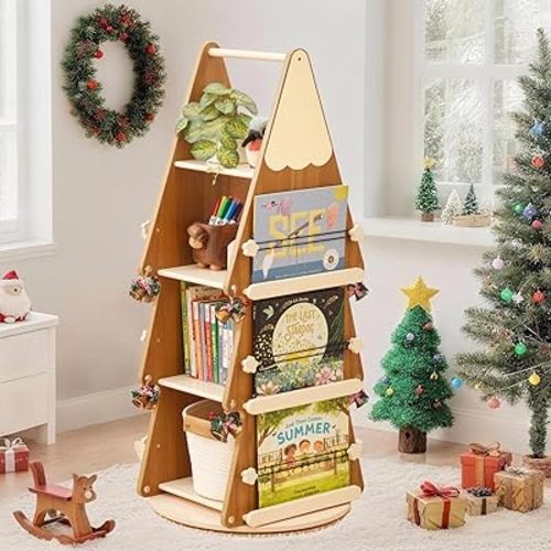 OOOK Solid Wood Rotating Bookshelf Tower 4 Tier, 360°Display Floor Standing Spinning Bookshelf Tower, Small Corner Bookcase for Small Spaces, Kids Tree Book Shelf for Kids Rooms, Classroom, Nursery