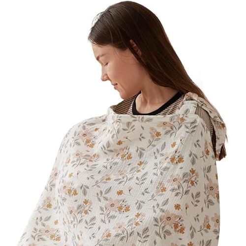TILLYOU Muslin Nursing Cover for Baby Breastfeeding, 100% Cotton Breathable with Arch Neckline for Women, Yellow Flower