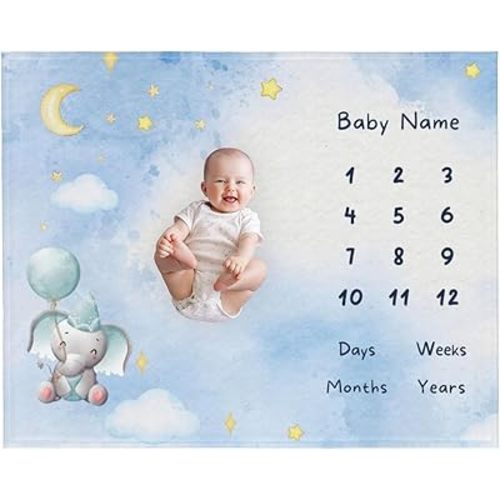 Personalized Baby Monthly Milestone Blanket, Custom Name Growth Chart Monthly Blanket Throw, Baby Nursery for New Moms Baby Shower (Blue Elephant)
