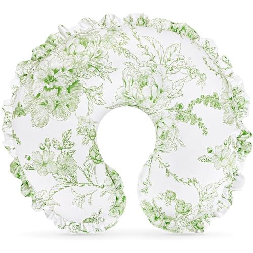 DILIMI Nursing Pillow Cover, Removable Ruffled Pillowcase for Breastfeeding Pillows, Ultra Soft Comfortable Slipcover for Baby Girl and Boy, Green Floral
