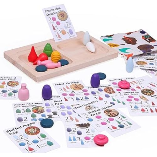 Large Set Full Rainbow Color Style Wooden Loose Parts Sensory Play Toys for 3 4 5 Boys & Girls(New Board)