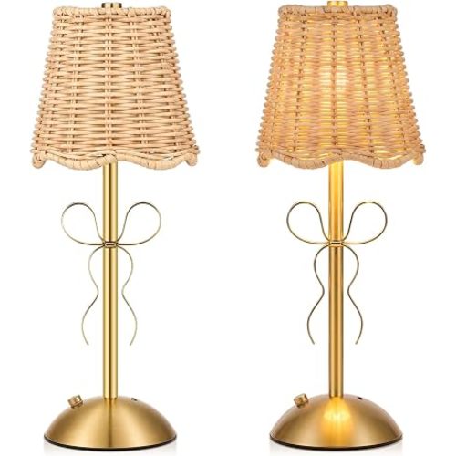 2 Pack Woven Table Lamp 12 Inch Portable Cordless Table Lamp Rechargeable Gold Bedside Light with Woven Rattan Shade for Bedroom Living Room Dining (Bow)