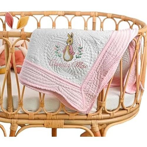 Personalized Name Baby Quilt Blanket, Custom Embroidered Bunny Infant Blankets for Baby Shower Heirloom Quilt Lightweight Cotton Crib Size Baby Quilt Gifts for Christmas, Easter, Brithday (Style B)
