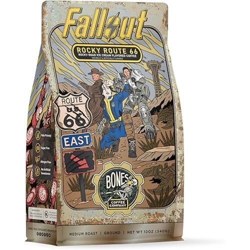 Bones Coffee Company Fallout Rocky Route 66, Rocky Road Flavored Coffee, Medium Roast Low Acid Arabica Beans Compatible with Auto drip and French Press Coffee Maker, 12 Oz Ground