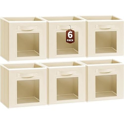 Homsorout Storage Baskets for Organizing - 6 Pack Cube Storge Bins, Foldable Storage Bins with Handle, Closet Organizers and Storage Baskets for Toys, Clothes, Beige