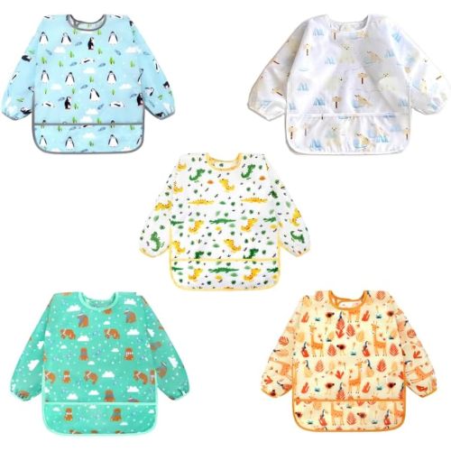Accmor 5 Pack Long Sleeve Bibs, Baby Smock Waterproof Sleeved Bib Smock for Baby Toddler 6-36 Months