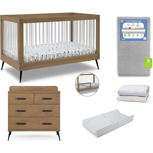 Delta Children Sloane 7-Piece Baby Nursery Furniture SetIncludes: Convertible Crib, Dresser, Changing Top, Crib Mattress, Fitted Sheets, Toddler Guardrail & Changing Pad, Acorn w/Matte Black