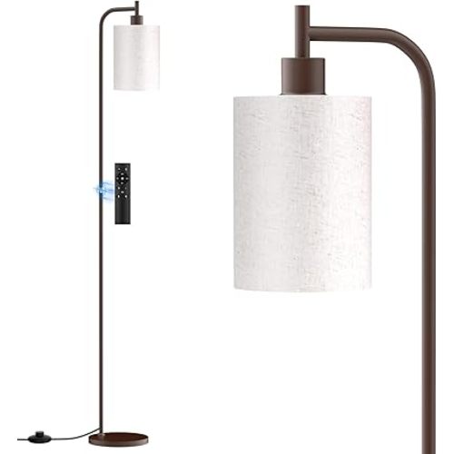 Floor Lamp with Linen Shade, Dimmable Tall Standing Lamp with Remote Control & 3 Color Temperatures, Modern Floor Lamps for Living Room Bedroom Office Corner, 9W LED Bulb Included