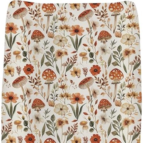 Boho Mushroom Floral Leaves Changing Pad Covers for Baby Girls Boys Vintage Mushrooms Fitted Change Table Pad Covers Mats Retro Mushroom Soft Diaper Changing Table Sheets for 32''×16'' Contoured Pad