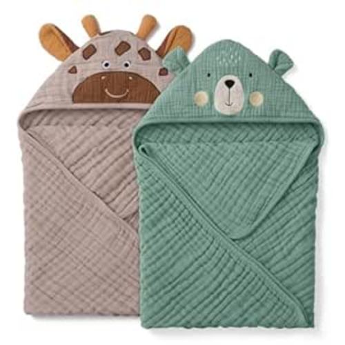 Blissful Diary Muslin Baby Hooded Towel 2 Pack, Soft & Absorbent Bath Towel for Infant, Toddler, Unisex, Baby Gift, Newborn Essentials, Bear & Giraffe