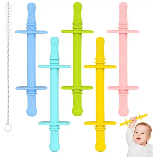 Fu Store Hollow Teether Tube with Safety Shield, 5 Chew Straw Toys Silicone 3-12 mo