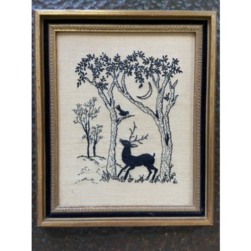 70s Vintage Magical Deer Elk Moon Woodland Creatures Embroidery Art