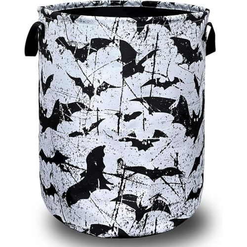 Black White Bats Laundry Basket Foldable With Handles Universal Tote Bag Oxford Cloth Funny Laundry Hamper 18.9" x 16.5" Clothes Storage Bucket Toy Organizer For Bathroom/Laundry/Bedroom