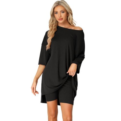 cheibear Women's Knit Loose Fit T-Shirt with Biker Shorts Lounge Sleepwear Pajama Sets