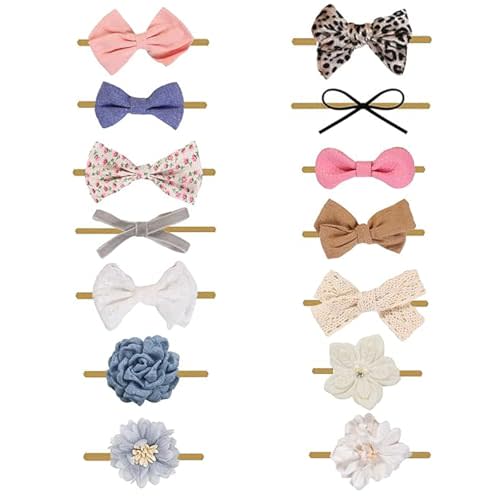 chiduerm 14 PCS Baby Girl Bows and Headbands, Stretchy Nylon Hairbands Hair Bows for Newborns, Infants, Toddlers - Handmade Baby Hair Accessories for Girls (White Flower, mid)