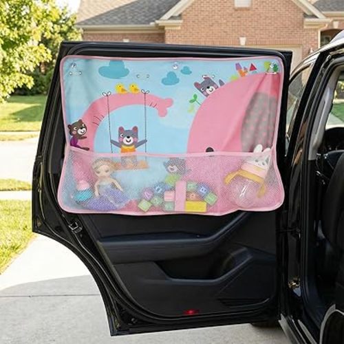 Car Window Shade for Baby, Car Sun Shade Curtain with Storage Pockets & Suction Cups, Cartoon Sun Blocker Blind for Side Windows, Blocks Heat, Privacy Cover for SUV Sedan (Pink Elephant)