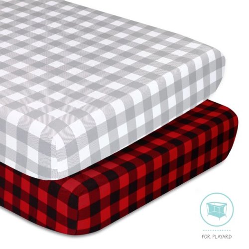 The Peanutshell Pack n Play, Mini Crib, Portable Crib or Fitted Playard Sheets for Baby Boys, 2 Pack Set, Red and Grey Buffalo Plaid