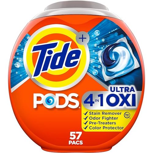 Tide PODS Liquid Laundry Detergent Soap Pacs, 4-n-1 Ultra Oxi, HE Compatible, Built in Pre-treater for Stains, 57 Count