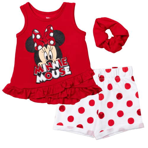 Disney Minnie Mouse Infant Baby Girls Tank Top French Terry Shorts and Scrunchie 3 Piece Outfit Set Infant to Big Kid