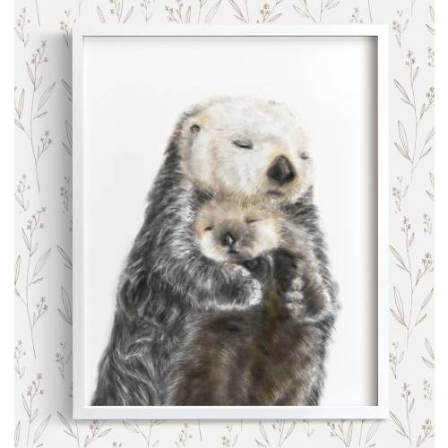 Baby Otter Nursery Wall Art – Son n Mom Coastal Ocean Animal Print, Gender Neutral Bedroom, Sea Life Beach Watercolor Painting for Boy Mum