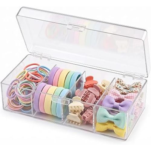 JessLab Hair Accessories Organizer for Girls, Acrylic Hair Bow Tie Clip Scrunchie Holder with Dividers, Clear Stackable Storage Box for Bathroom, Bedroom, Vanity Countertop (4 Compartment)