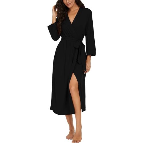 Robes for Women Long Knit Bathrobe XS-4XL | 3/4 Sleeve Bathrobes with Pockets, Stretchy and Lightweight Fabric, Inner Tie and Fixed Outer Belt, Mid Calf Length