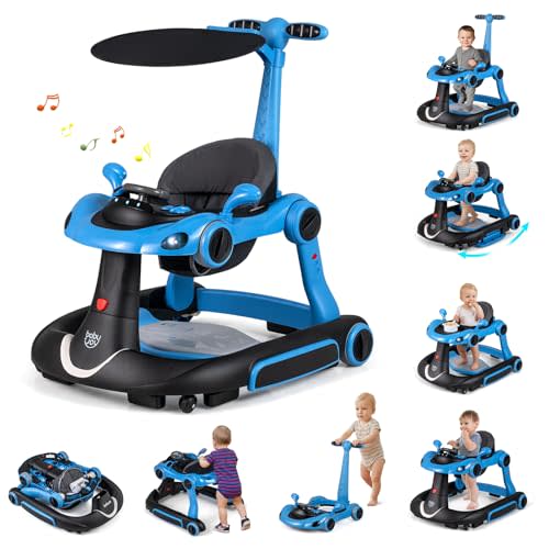 BABY JOY 7-in-1 Baby Walker, Foldable Baby Walker and Bouncer Combo with Handle, Adjustable Height & Speed, Music, Lights, Rocker/Push Mode, Baby Walker with Wheels for Boys Girls 7-18 Months (Blue)