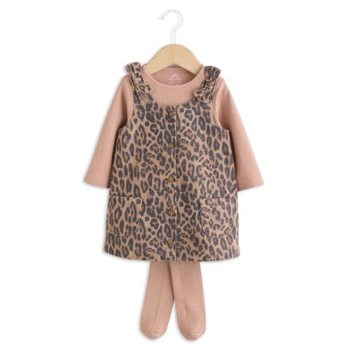 Leopard Denim Pinafore Dress, Ribbed Bodysuit & Tights Set