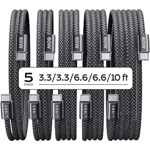 LISEN USB C to USB C Cable, 5-Pack [3.3/3.3/6.6/6.6/10FT] 60W Fast Charging