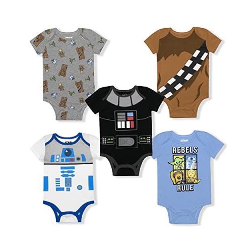 Star Wars Baby Boy's Chewbacca, Yoda, R2-D2, C3-PO, Troopers 5 Piece Bodysuit Creepers Bundle Set for infant