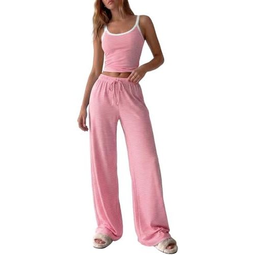 BTFBM Lounge Sets For Women 2026 Striped 2 Piece Pajama Sets Spaghetti Strap Tops Wide Leg Pants Beach Vacation Outfits