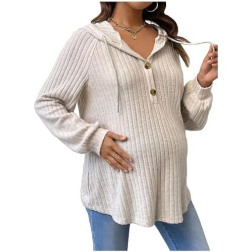 MakeMeChic Women's Maternity Sweatshirt Drawstring Button Long Sleeve Knitted Hoodie Pullover Sweater Pregnancy Tops