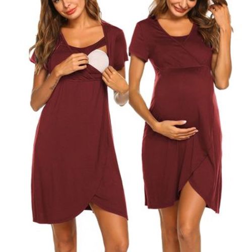 Ekouaer Nursing Nightgown 3 In 1 Maternity Nightgown Short Sleeve Nursing Gown Breasfeeding Sleepwear Delivery Dress&nbsp;Burgundy&nbsp;L