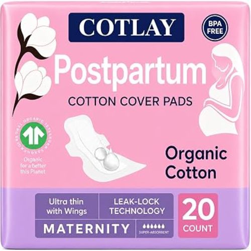 Postpartum Pads | Organic Cotton, Ultra Thin, Long and High Absorbency 20 Count | Maternity Pads | Overnight Protection with Wings 10 Pads x 2 Packs
