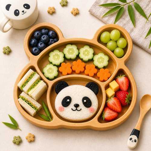 Panda Bamboo Kids Plate Wooden Toddler Snack Tray Cute Animal Divided Baby Feeding Board Montessori Dish