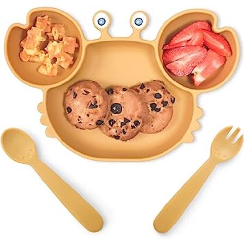ROCCED Suction Plates for Baby, Silicone Plates with Suction for Baby Divided, Baby Spoon Fork Set for Toddler Baby Dishes Kids Utensils-Crab Yellow