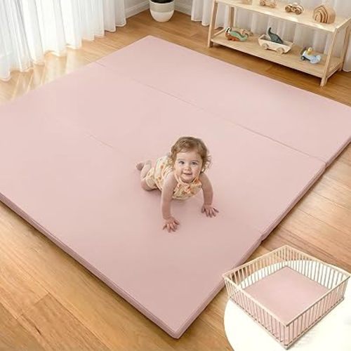 Mallify Foldable Baby Play Mat, 50''x50'' Waterproof Thicken Foam Vegan Leather Playpen Mat for Infants and Toddlers, Portable Baby Mat for Floor, Pink