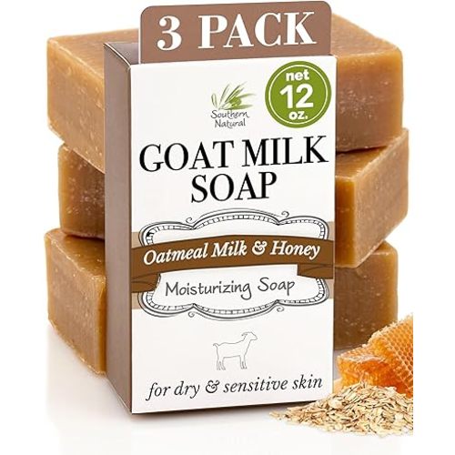 Southern Natural Goat Milk Soap Bar - Oatmeal Milk & Honey 3 Pack - For Dry Sensitive Skin. Natural, Handmade Soap For Men, Women, Kids, Face & Body