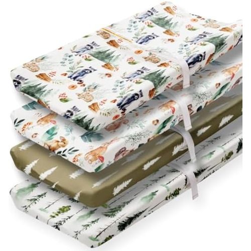 4 Pack Changing Pad Covers Woodland Forest Animals Wood Neutral Unisex Fitted Baby Changing Pad Cover Set for Baby Boys or Girls (Raccoon)