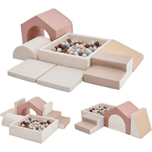 JungleDove Soft Foam Climbing Blocks for Toddlers – 7-Piece Ball Pit with Blush Pink Leather, Indoor Soft Play Gym, Montessori Activity Toys for Kids(82.7"×26.8"×18.5")